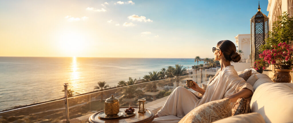 Woman enjoying Arabic coffee on a luxury sea-view balcony at sunset in Saudi Arabia