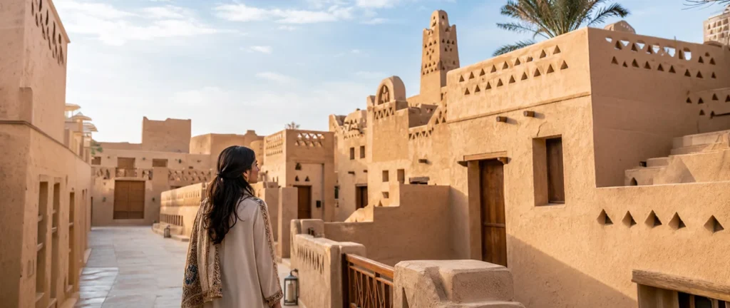 Woman exploring traditional Najdi mud-brick architecture at At-Turaif in Diriyah, Saudi Arabia