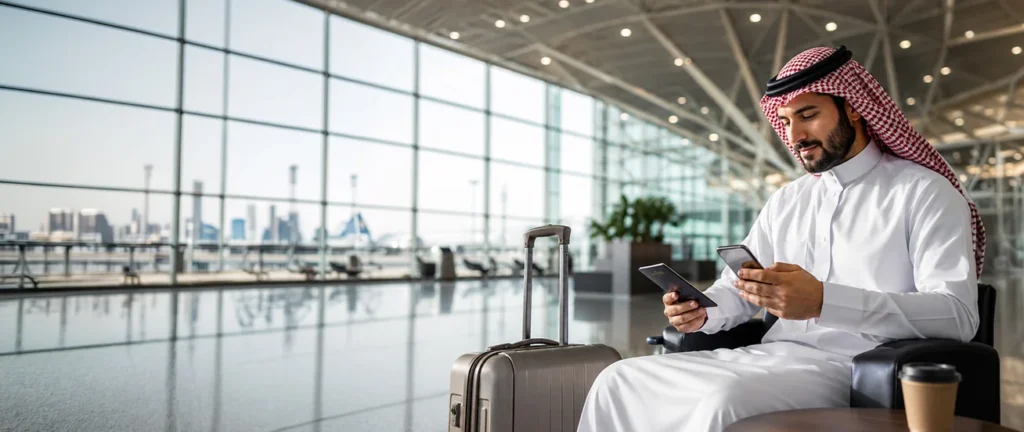 Saudi man in traditional thobe checking his phone beside luggage in an airport terminal
