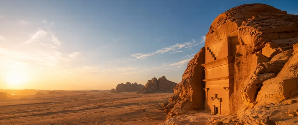 Nabataean tomb carved into sandstone at sunset in Hegra, AlUla, Saudi Arabia