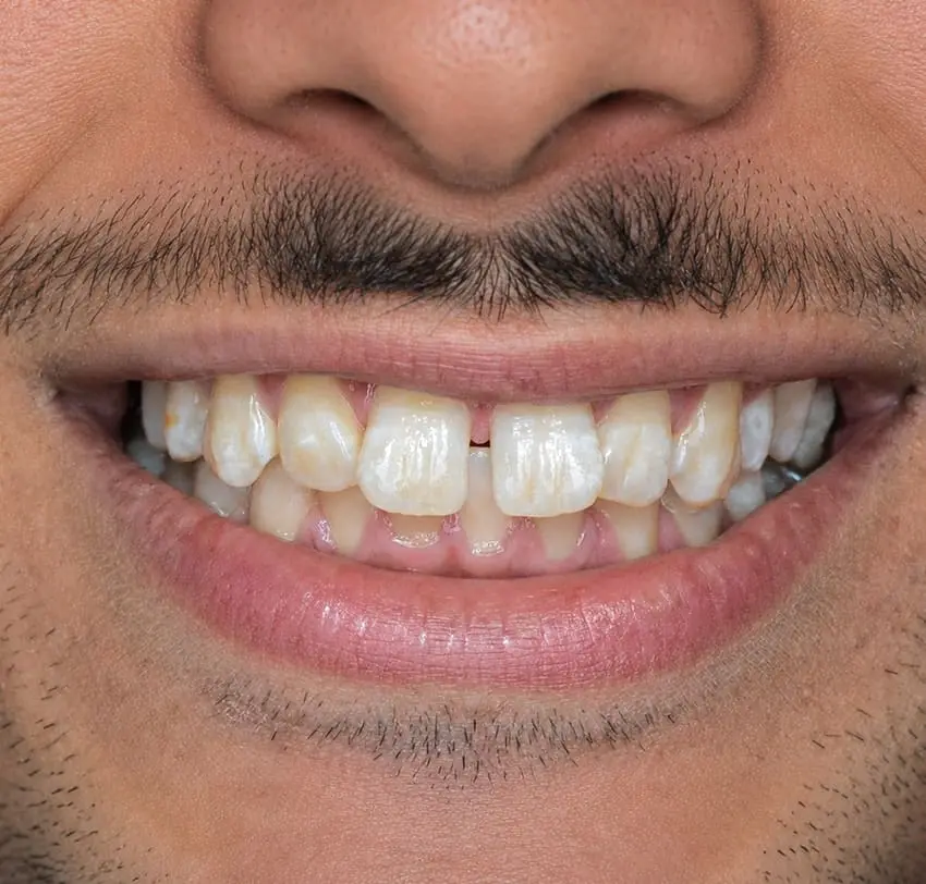 Gap between upper front teeth before Invisalign treatment at TAM Dental Clinic.