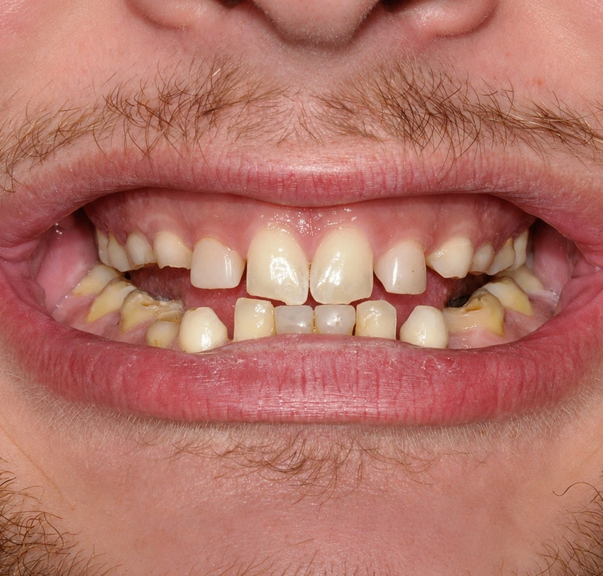 Missing upper and lower teeth before tooth-supported implant treatment at TAM Dental Clinic.
