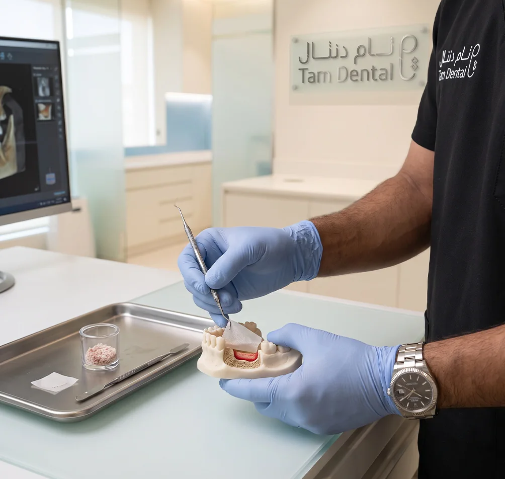 Periodontist preparing a bone graft on a dental implant model at Tam Dental in Jeddah