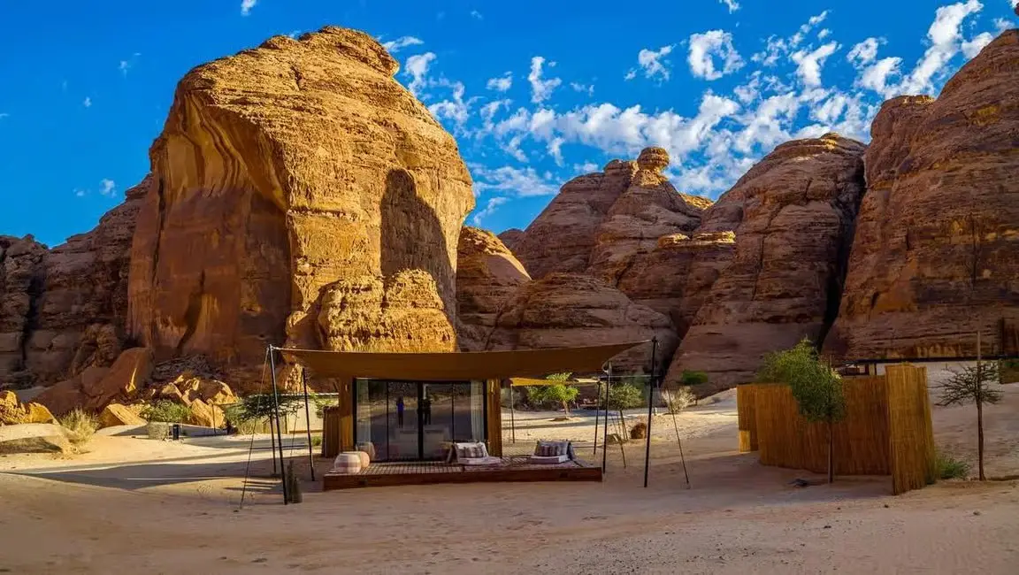 Luxury desert resort among AlUla sandstone rock formations in Saudi Arabia