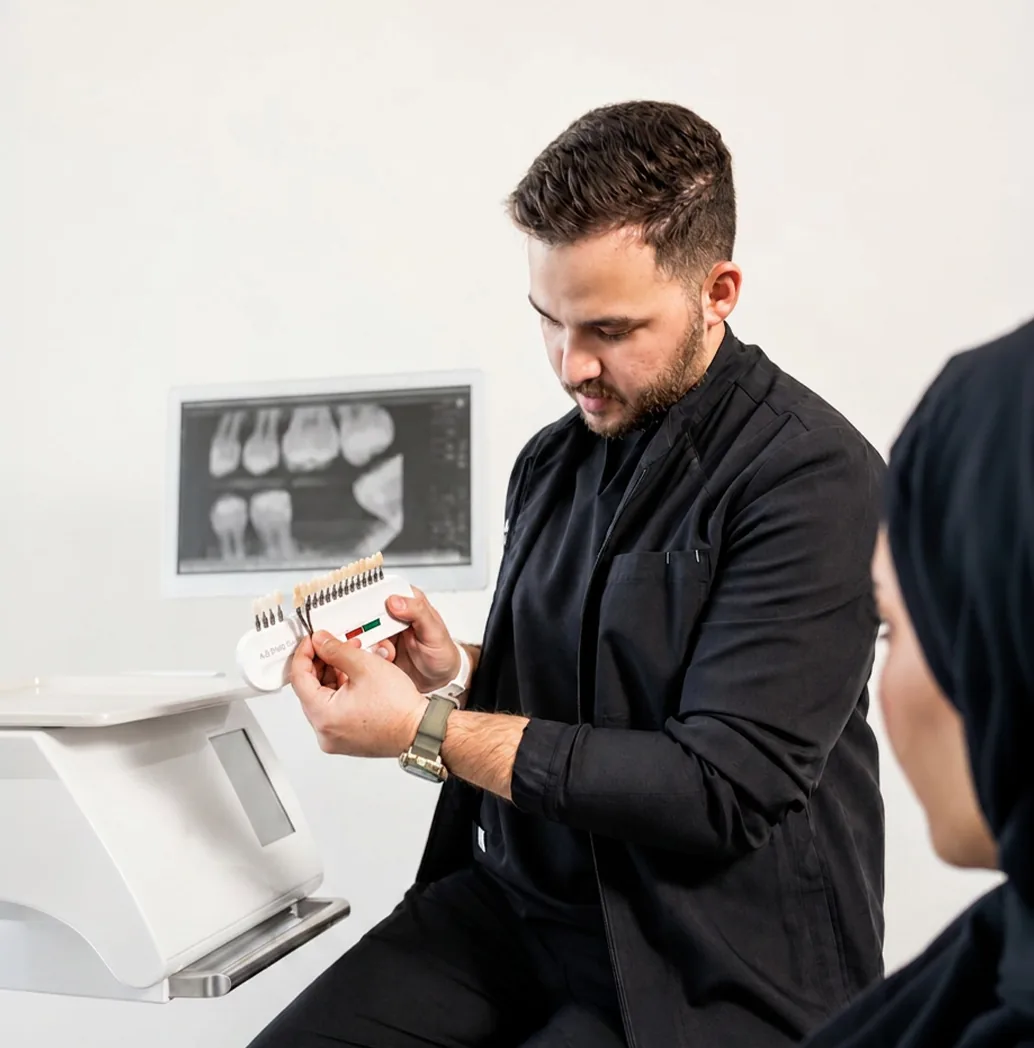Dentist matching a tooth shade guide for a full smile makeover with veneers and implants