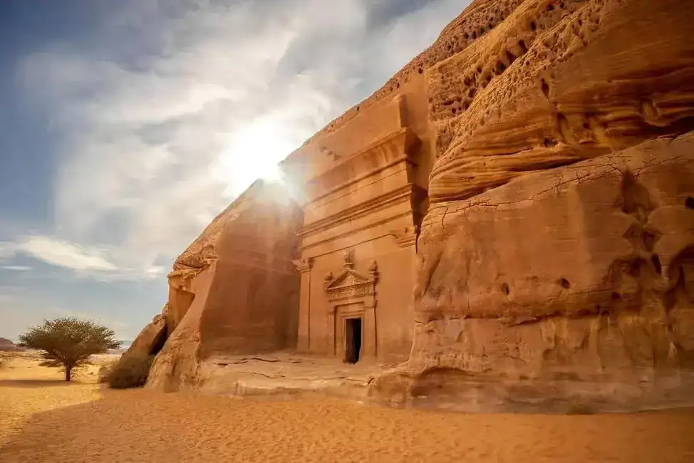 Ancient Nabataean tombs carved into sandstone at Hegra in AlUla, Saudi Arabia