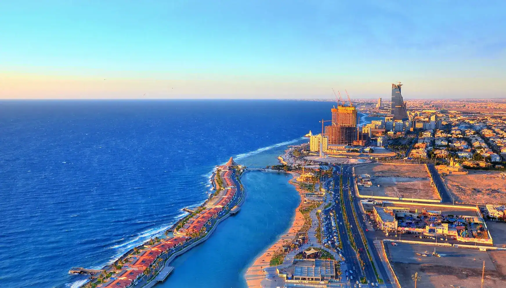 Aerial view of the Jeddah Corniche waterfront along the Red Sea coast, Saudi Arabia