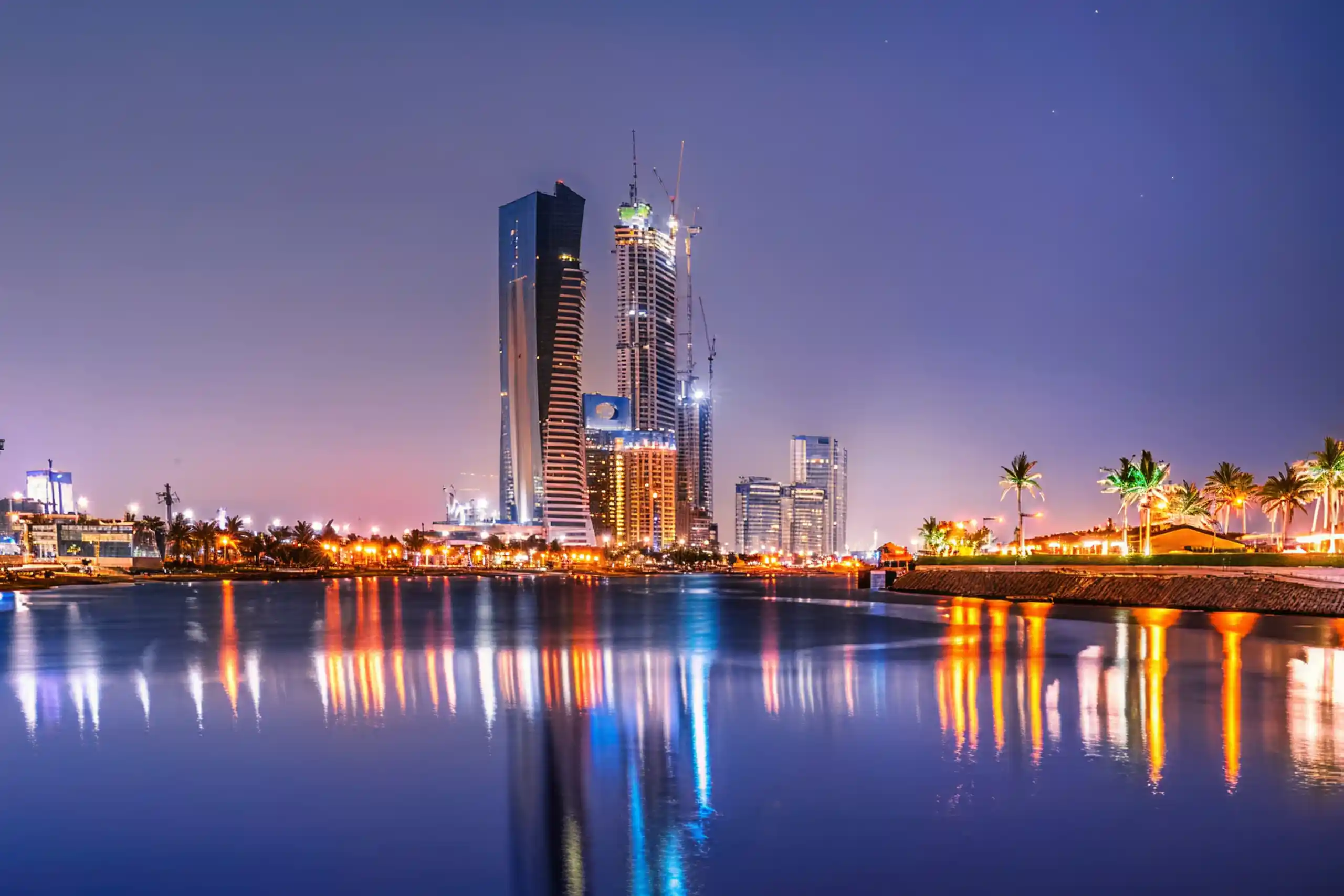 Jeddah waterfront skyline lit up at night on the Red Sea, Saudi Arabia