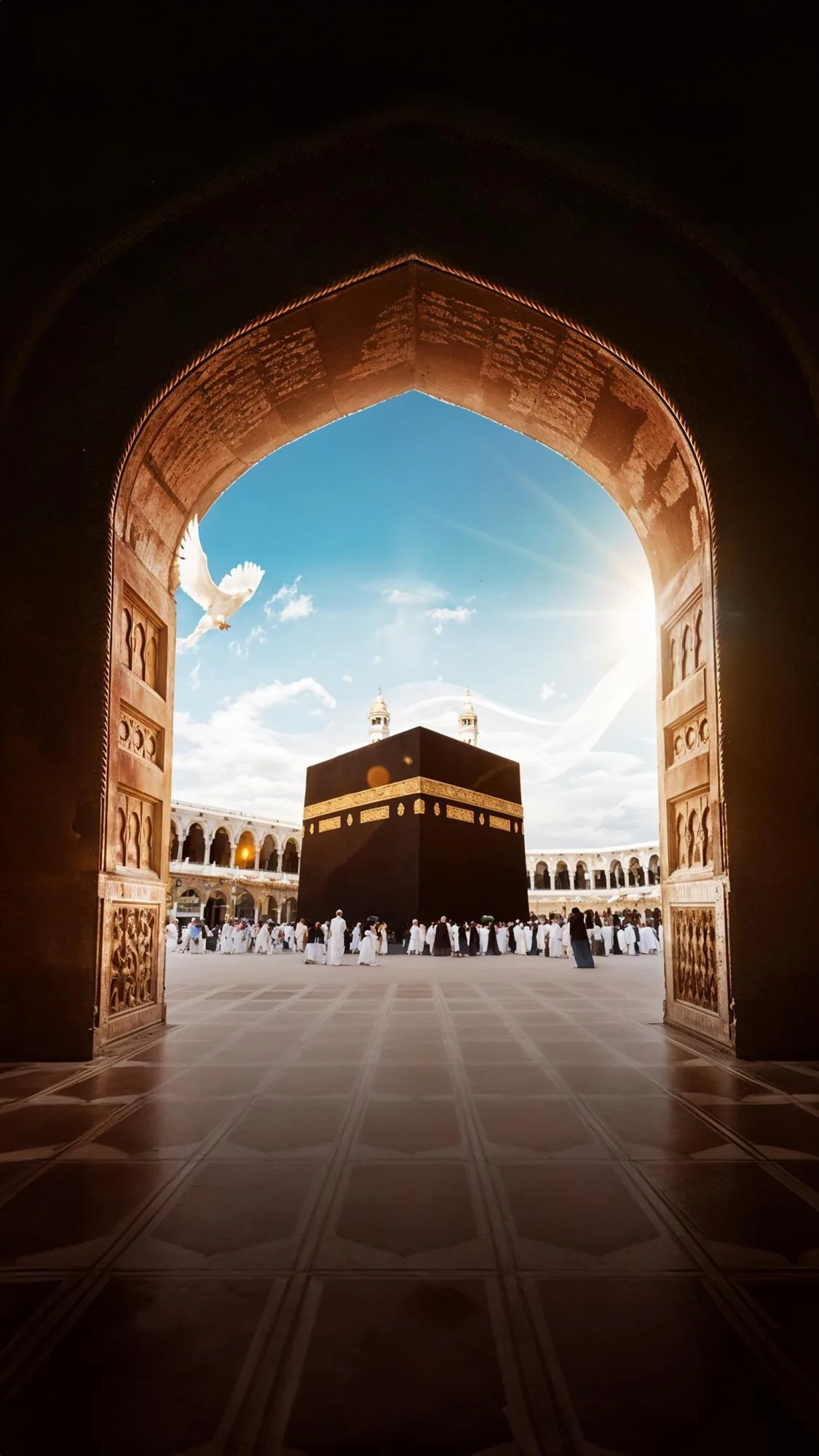 View of the Kaaba through an arch at the Grand Mosque in Makkah, Saudi Arabia