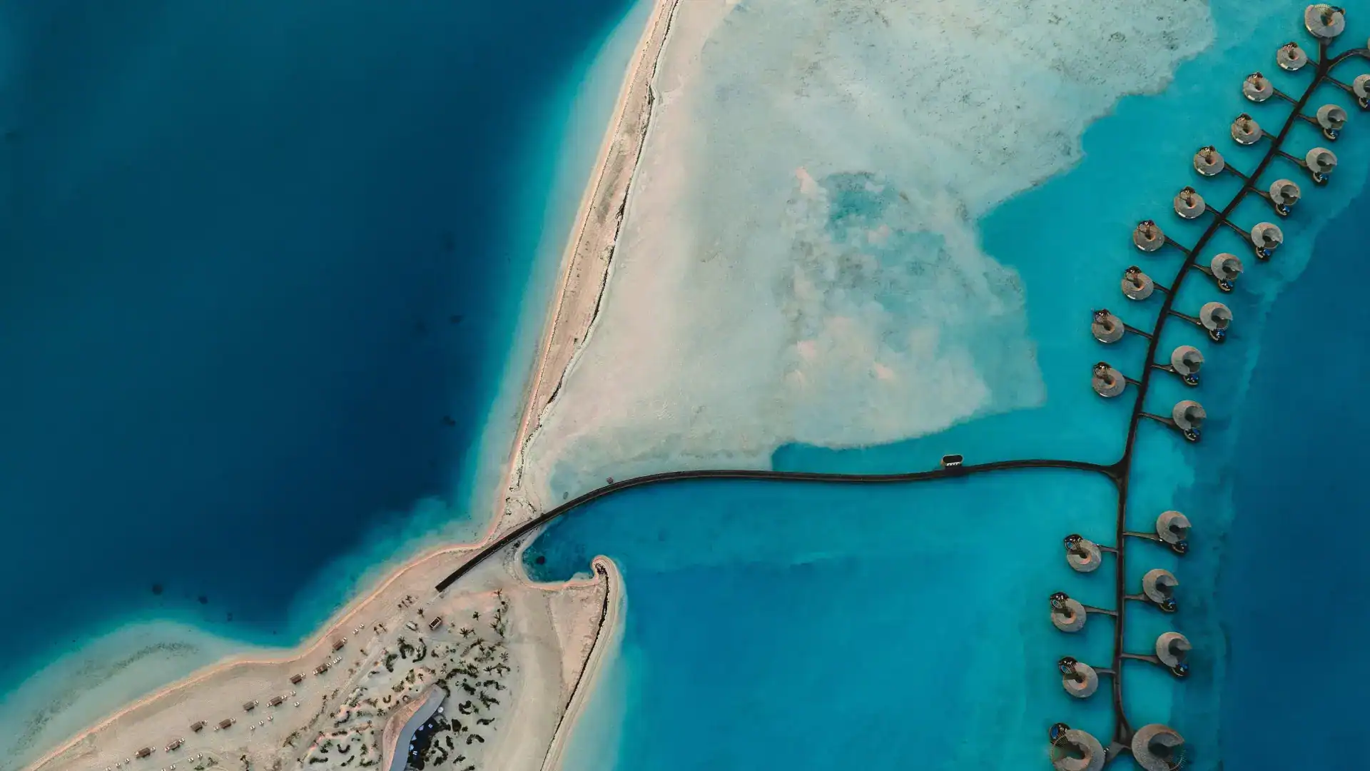 Aerial view of the Red Sea resort causeway and overwater villas in Saudi Arabia