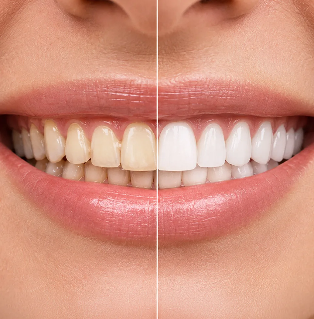 Before and after teeth whitening results shown on a split-smile close-up